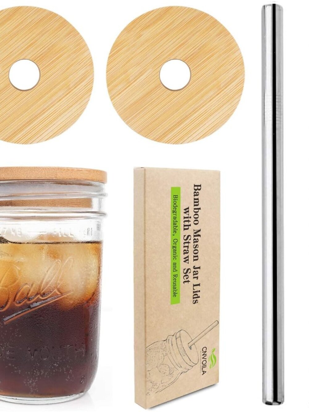 Wide Mouth Mason Jar Lids with Straw, 2 Packs With 2 Stainless Steel Straws